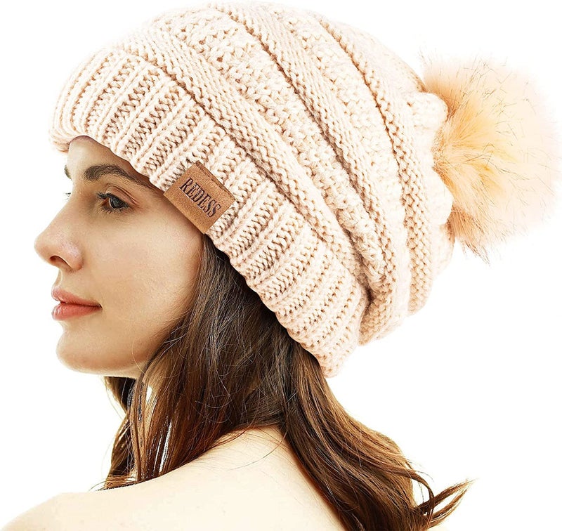 REDESS Women Winter Pom Pom Beanie Hat with Warm Fleece Lined, Beige - Image 1